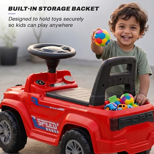Image of Baybee Speedy Baby Ride on Car for Kids | Portable Kids Car with LED Lights, Music & Storage Basket | Push Toy Cars with High Backrest | Toddler Rideons Jeep for 1 to 3 Years Boys Girls (Red)