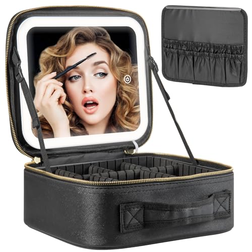 Image of Travel Train Case With Mirror LED Light 3 Adjustable Brightness Cosmetic Bag Portable Storage Partition Waterproof Makeup Brushes Jewelry Gift for Women, Black, Easy to Carry
