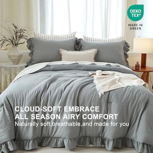 Image of Grey Ruffle Comforter Set Queen, Pre-Washed Shabby Chic Bedding Set, Lightweight Cottagecore Soft Romantic Cozy 1 Comforter & 2 Shams, All-Season