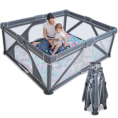 Image of Yobear Foldable Baby Playpen (71 inchx59 inch) - Portable Play Yard for Babies and Toddlers with 50 Ocean Balls, 2 Pull Handles & Carry Bag - Easy Setup Safe Indoor Outdoor Kids Activity Center (Dark Grey)