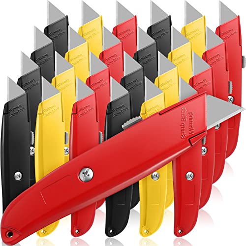 Reginary 30 Pcs Box Cutter Bulk Retractable Blade Utility Knife Heavy Duty Aluminum Alloy Razor Shell Knife for Cartons, Cardboard and Boxes, DIY, Factory, Home(Black, Yellow, Red)