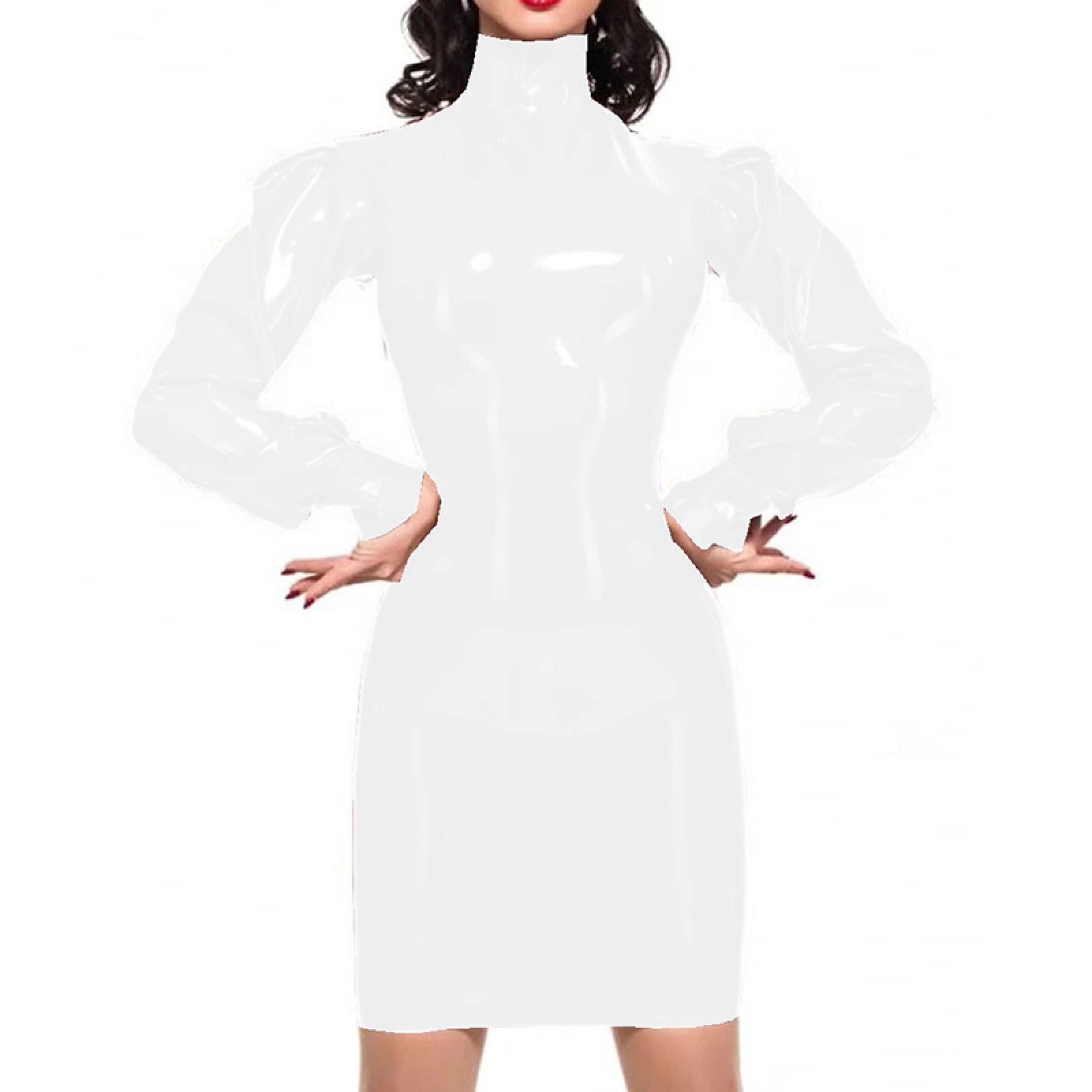 Robe longue moulante à col montant et manches lanternes pour femmes, robe en vinyle, costume sexy de costumade grande taille