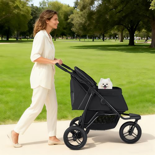 COSTWAY Hundewagen klappbar, Hundebuggy bis 25 kg, Katzenwagen 3 Rad, Haustierwagen mit verstellbarem Sonnendach, Netzfenster, Korb & Polster, Haustierbuggy für Katzen Hunde (Schwarz)