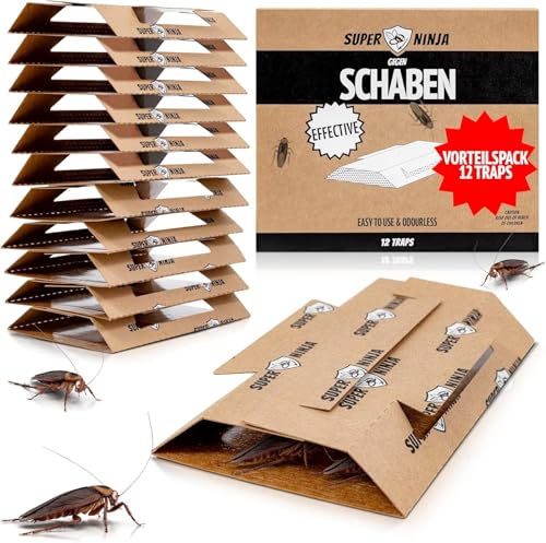 Super Ninja Schabenfalle – 12 Stück Kakerlakenfallen für Innenräume, Schaben Bekämpfung, Ungiftige Ungezieferfallen mit Lockstoff, Sicher für Zuhause, Garage & Keller