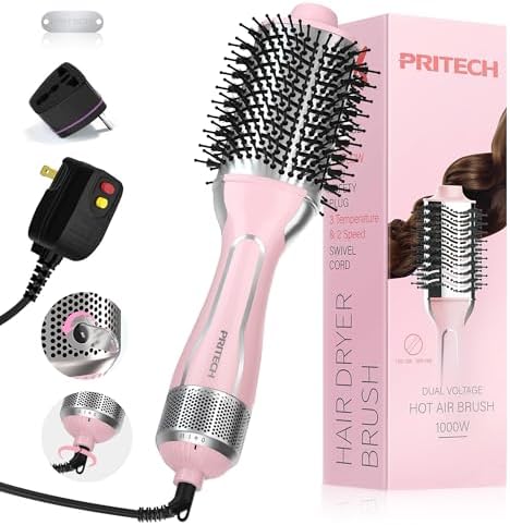 PRITECH 1000W Dual Voltage Ceramic Ionic Hair Dryer Brush,4-in-1 Hot Air Styler & One Step Volumizer for Straight & Curly Hair Salon (110-120V/220-240V),Blush Silver