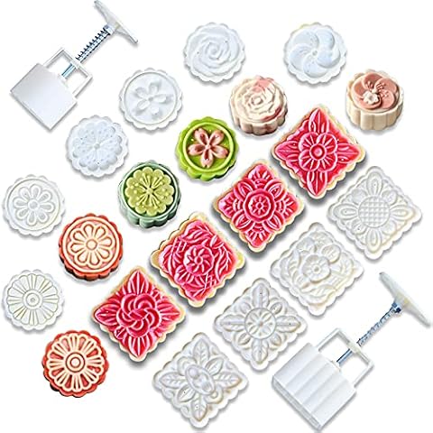 10 PCS Moon cake Molds, Mid-Autumn Festival Hand-Pressure, Square/Round/Flower Mode Patterns 2 Mold 10 Stamps 125g/75g-Cookie Stamps DIY Decoration Press Cake Cutter Cover