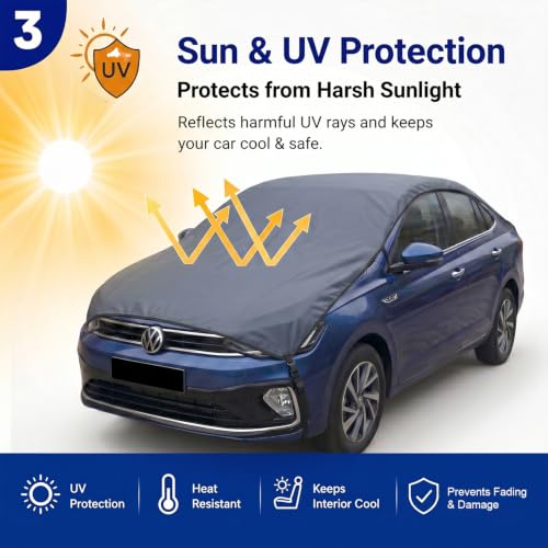 Image of Pivalo Half Car Body Cover for Sedan Cars (All Models & Years) | 100% Waterproof Outdoor UV & Heat All Weather Protection | Triple Stitched 3 Layer with Adjustable Straps Cover (Grey)