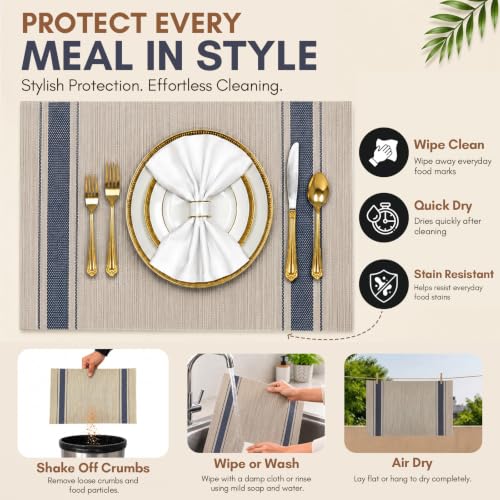 Image of Solitude Set of 6 Dining Table Placemats | Non-Slip PVC Table Mats, Heat Resistant, Washable, Stain-Resistant Surface, (Beige & Blue, 45 x 30 cm)