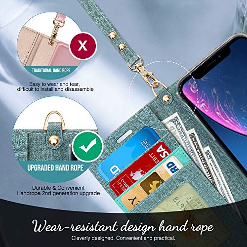 Capa de Celular FYY Para Iphone XR, Flip, PU, Compartimento de Cartão e Suporte - Verde Celadon