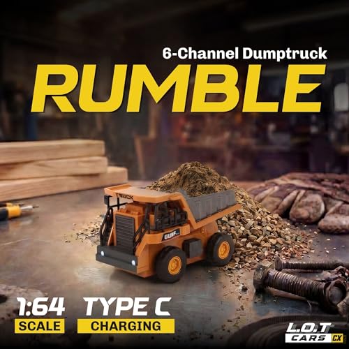 Image of Rumble 1:64 RC Dump Truck, 6 Channel Rc Truck 4x4, Toy for Kids, Rechargeable Engineering Car, Heavy Duty Machine Construction Toy with Lights & Music (Yellow)