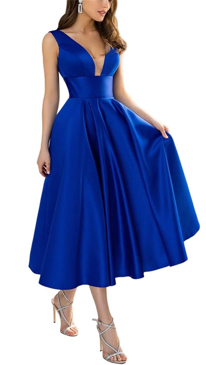 Kurface Women's Royal Blue Formal Evening Dresses For Wedding V Neck Elegant Satin Wedding Guest Tea Length Prom Dress 2024 Uk12