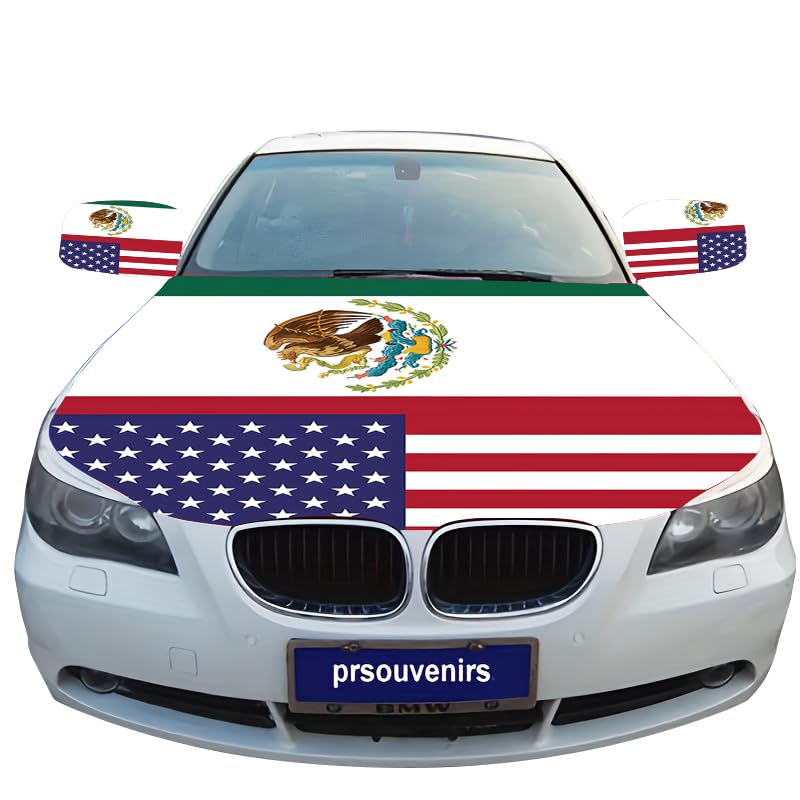 USA & Mexico Flag Car Hood and Mirror Covers Set – 4' x 5.25', Durable Polyester Spandex, Stretchable, Vibrant Colors, Universal Fit, Patriotic Car Accessories for Cars, Trucks & SUVs