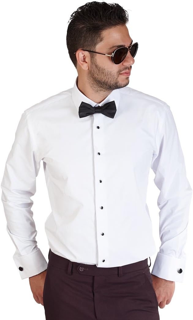AZAR MAN Slim Fit Lay Down White French Cuff Tuxedo Dress Shirt Combo