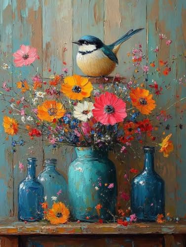 Diamond painting oiseau et vase 5D grand format 100x135 cm