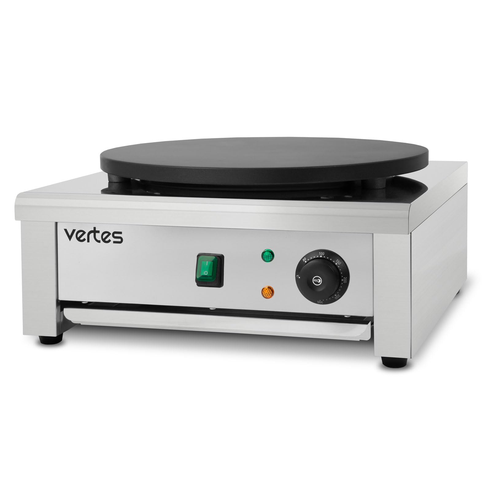 VERTES Crepes Maker - Plato para crepes eléctrico (acero inoxidable, placa de 40 cm, 3000 W, revestimiento antiadherente, temperatura regulable de 50 a 300 °C)