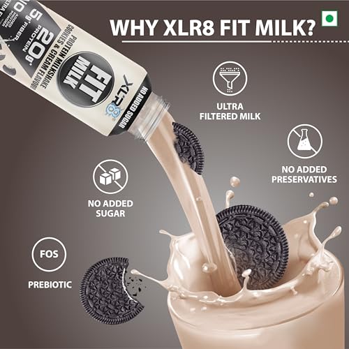 Image of XLR8 FitMilk Protein Milk | 20g Protein Milkshake 250ml (Pack of 2) | 5g Fibre | Cookies & Cream | No Added Sugar | Contains Prebiotic Fiber | Ideal for Early Mornings, Pre & Post Workouts Energy Drink