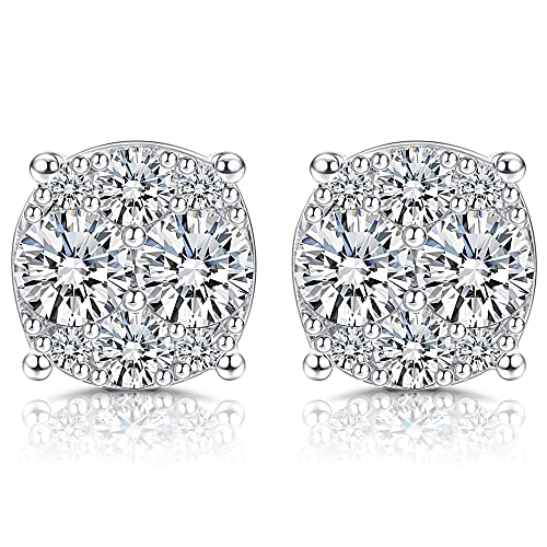 Moissanite Stud Earrings 18K White Gold Plated 925 Sterling Silver Moissanite Stud Earrings with Silicone Back for Women Men 1/2Ct Brilliant Round Cut D Color VVS1 Clarity