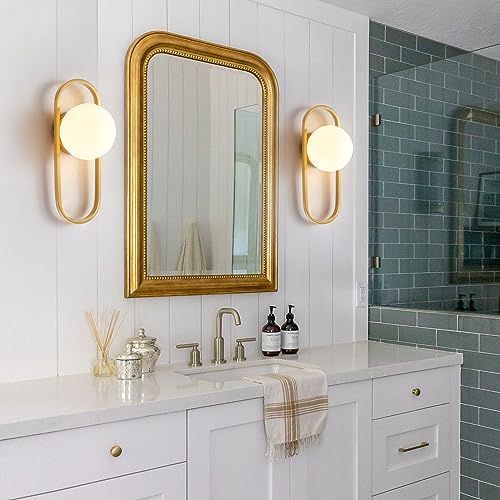 Image of Wall Sconces Set of Two Brushed Gold Wall Lamp Sconces Wall Lighting with White Globe Glass Shade Wall Lights Sconces Wall Decor Set of 2 Wall Lights for Living Room for Bedrooms Set of 2 ETL Listed