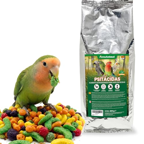 AreaAnimal - Alimento para Aves Psitácidas 600G, Comida Agapornis, Comida Periquitos, Ninfas, Loros... con Ingredientes Naturales, Alimento para Pajaros Psitácidas Extrusionado Completo y Equilibrado