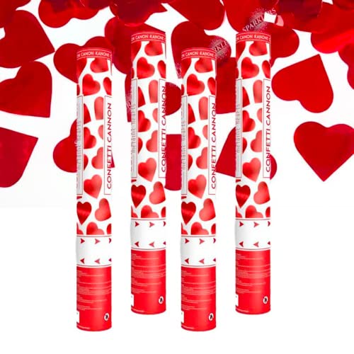 Canon à Confettis Coeur couleur Rouge 80 cm - Lot de 4 lanceurs à confettis à tenir en main, pour Anniversaire, Mariage - Portée 10 Mètres, Prise en Main Facile - SPARKLERS CLUB®