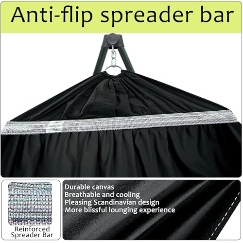 Image of Tranquillo Ultimate Relaxation Portable Hammock Stand with Cotton Canvas Net, Spreader Bar, Quick Fold Unfold in 30 Seconds Steel Frame Hammock 600 lbs Capacity Outdoor, Black
