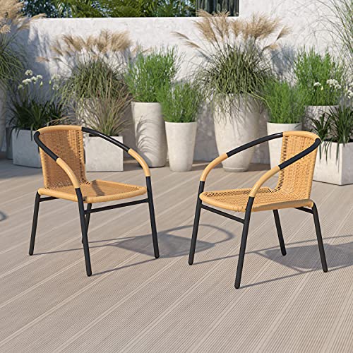 Image of EMMA + OLIVER Set of 2 Modern PE Rattan Stack Chairs, Indoor /Outdoor Patio Dining Chairs, No Assembly Required, Beige