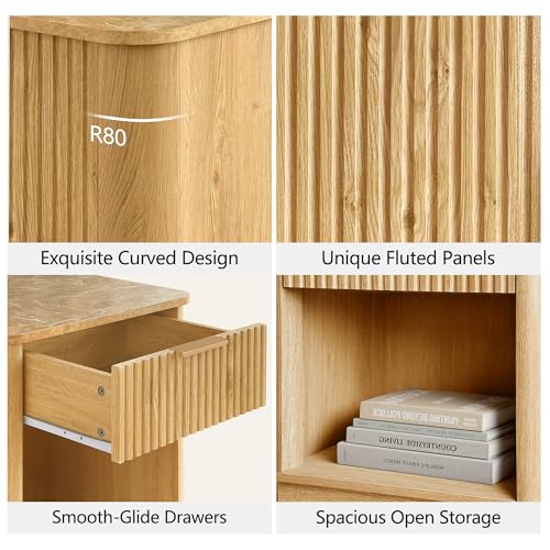 Image of Nightstands Set of 2, Fluted Nightstands with Drawer Faux Marble Top & Curved Edge, Modern Night Stands with Charging Station, End Tables Living Room, Bedside Table, Bedroom Furniture, Oak