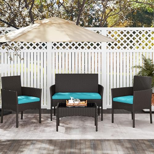 Yaheetech Patio Furniture Set 4 Pieces Conversation Sets, Rattan Chair Wicker Set Loveseat with Soft Cushion and Glass Table for Backyard Porch Garden Poolside Balcony, Brown and Cyan - Image 3
