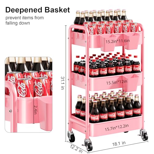 3 Tier Rolling Cart Metal with Lockable Wheels, Pink Three Tiered Diaper Caddy Cart Organizer on Wheels, Storage Utility Trolley Carts for Craft, Art, Nail, Lash, Baby Supplies, Cleaning, Mesh - Image 4