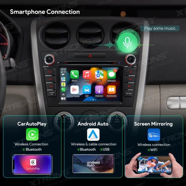 Diagram showing smartphone connection options: Wireless CarPlay, Wireless/Wired Android Auto, and Wireless Screen Mirroring.