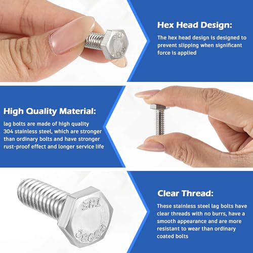 Image of Zonon 50 Pcs 1 /4-20 x 3 /4 inch Hex Head Screw Bolt 18-8 (304) Stainless Steel Hexagon Bolts, Fully Threaded, Plain Finish, External Hex Drive (Silver)