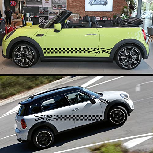 Image of 2Pcs 78.7'' Universal Racing Checkered Flag Graphic Car Body Side Sticker Self-Adhesive Side Strip Decal Lattice Grid Stripe Stickers Decoration for Mini Cooper Truck SUV Vehicles (A, Black)