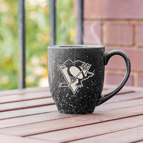 Image of Rico Industries NHL Hockey Pittsburgh Penguins Black Personalized 16 oz Team Color Laser Engraved Speckled Ceramic Coffee Mug