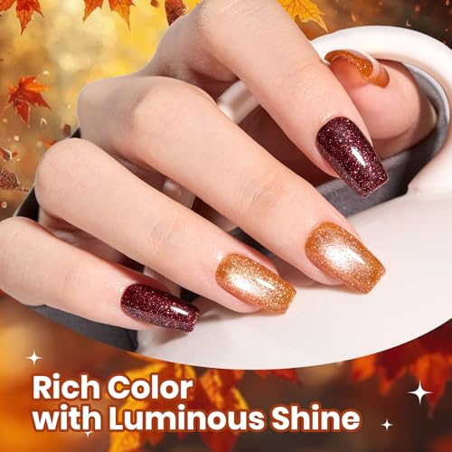 Image of Beetles Fall Gel Polish Set, 6 Colors Orange Burgundy Glitter Cat Eye Gel Nail Polish with Magnet, Maple Gleam Soak Off UV LED Manicure Kit, Autumn Nail Colors for Daily Wear Travel Gifts