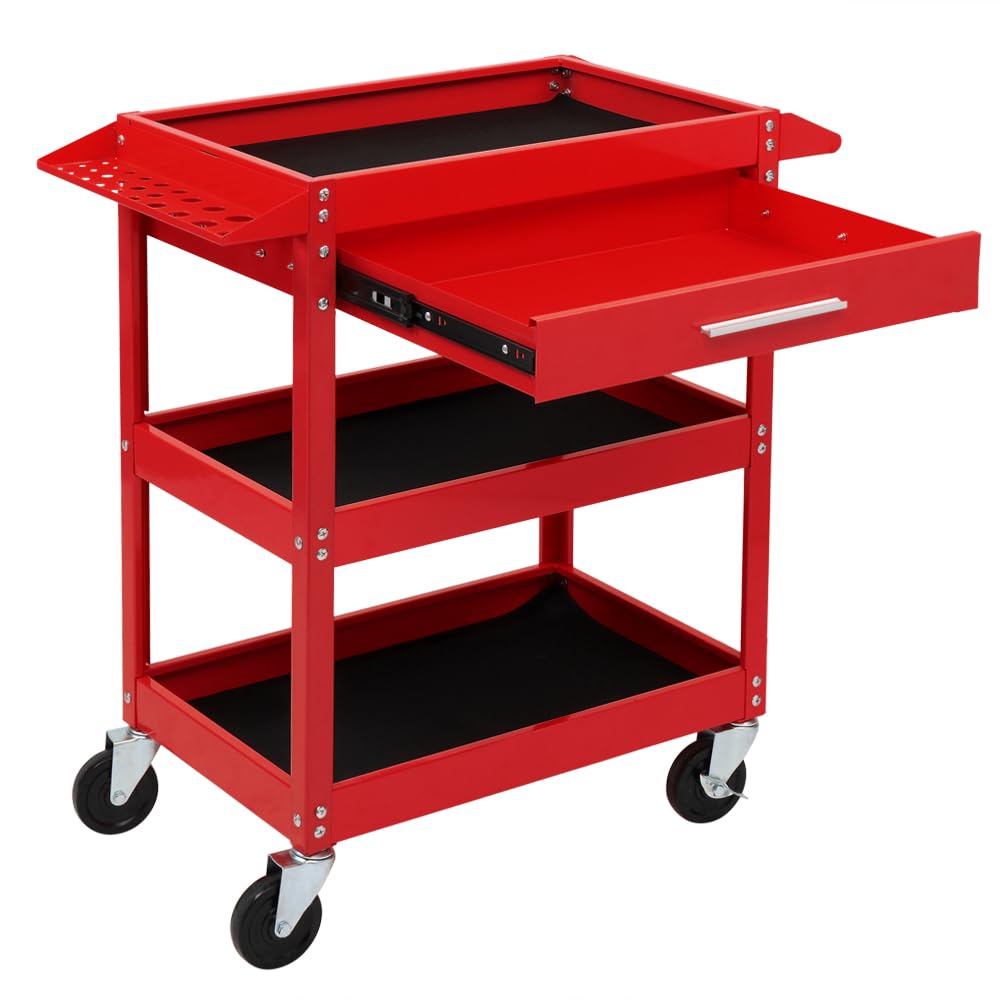 TUFFIOM 3 Tier Rolling Tool Cart with Drawer, Tool Service Cart on Wheels w/2 Brake, 330 LBS Capacity Industrial Heavy Duty Utility Cart, Tool Organizer for Mechanic, Garage, Warehouse & Repair Shop