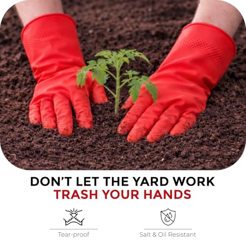 Image of LADWA Premium Rubber Cleaning Gloves, Red Color Reusable Waterproof Gloves for Kitchen Cleaning, Dishwashing, Gardening and Bathroom Use (Pack of 5 Pairs)