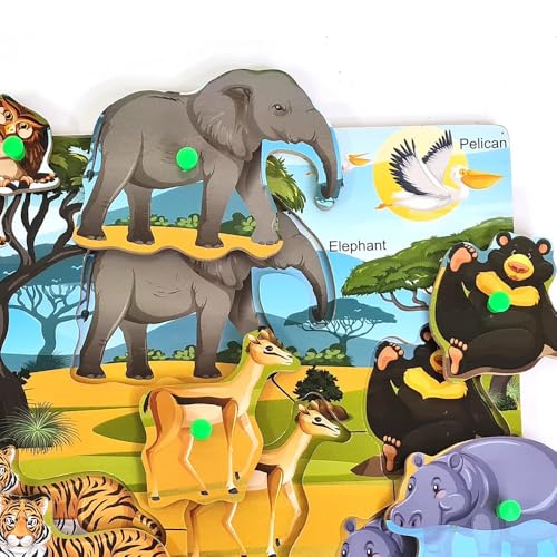Image of Bumbee Wooden Puzzle Board for Kids | Puzzle Pieces with Knobs for Easy Grip | Montessori Learning Toys for Toddlers 2+ Years | Educational Preschool Puzzle Gift for Kids (Wild Animals Puzzle)