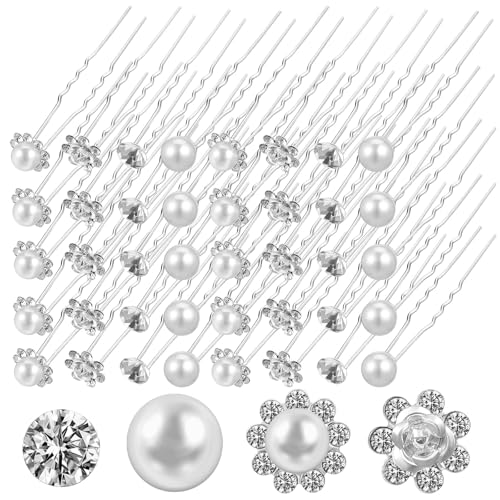 Healeved 40Pcs Bridal Hair Forks Pearl Rhinestone Hair Pins U Shape Wedding Accessories for Women Bridesmaids Elegant Updo Styling Set (4 Styles