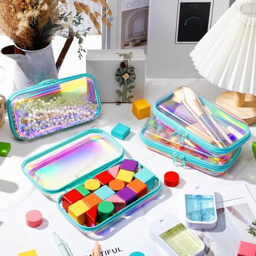 Image of Hoolerry 4 Pcs Hard Clear Zipper Case Makeup Bags Plastic Zipper Pouch Transparent Storage Box Containers for Cosmetics, Snacks, Building Blocks, Puzzles(Clear,7.5 x 3.9 x 2 in,Blue Laser)