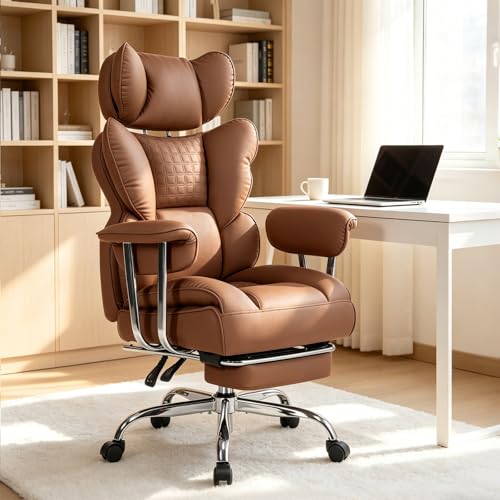Image of Big and Tall Office Chair 350 LBS, Scratch-Resistant PU Leather Executive Office Desk Chair with Footrest, Ergonomic Reclining Computer Chair with Pocket Spring Support for Home Office, Brown
