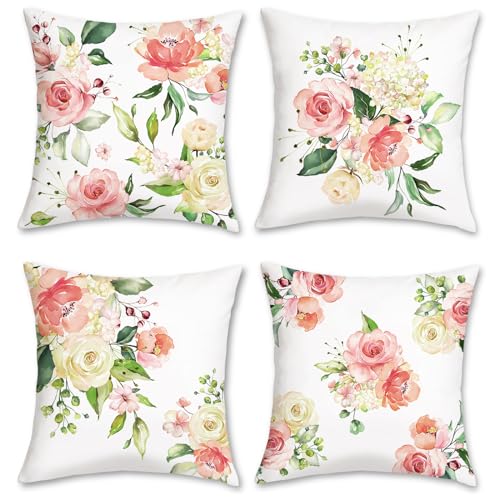 Bonhause 4er Set Kissenbezüge Blumen Pfingstrosen Rosa 45 x 45 cm Samt Soft Dekorative Kissenhülle Zierkissenbezüge für Sofa Schlafzimmer Wohnzimmer Auto Zuhause Dekoration