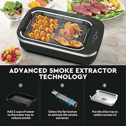 Indoor Smokeless Grill - CSS Electric Grill with Removable Griddle Plate, Non-stick Cooking Surface, LED Smart Control Panel, Tempered Glass Lid, Turbo Smoke Extractor Technology, 1400W, 15\" X 9\" Grilling Surface