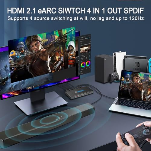 4K 120Hz HDMI 2.1 Switch Umschalter 4x1 eARC Audio Extractor VRR ALLM HDCP2.3 ARC HDR10 CEC SPDIF Optisch und 3.5mm Audio Out,HDMI Switcher 4 IN 1OUT IR Remote Dolby Digital EDID für PS5 Xbox AMD