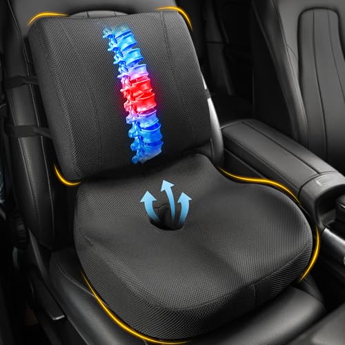 Image of Allaboutsla Seat Cushion & Lumbar Support Pillow Set: Ergonomic Memory Foam Seat Cushion and Back Support for Pain Relief, Butt Cushions and Lumbar Pillow for Car, Office Chair, Gaming - Black