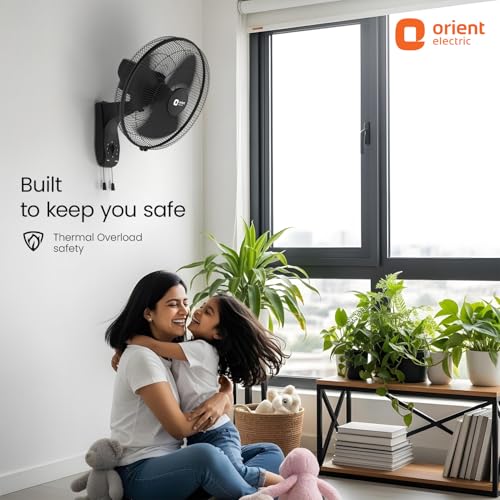 Image of Orient Electric Wall 97 | High Speed Wall Fan for Home | 100% Copper Motor | 90 Degree Oscillation with Tilt Mechanism | 3 Speed Pull Cord | Thermal Overload Protection | Military Grade Guard | Black