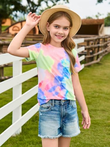 Image of Haloumoning Girls Tie Dye Short Sleeve Shirt Kids Summer Fashion Crewneck Tops Casual Tees 5-14 Years