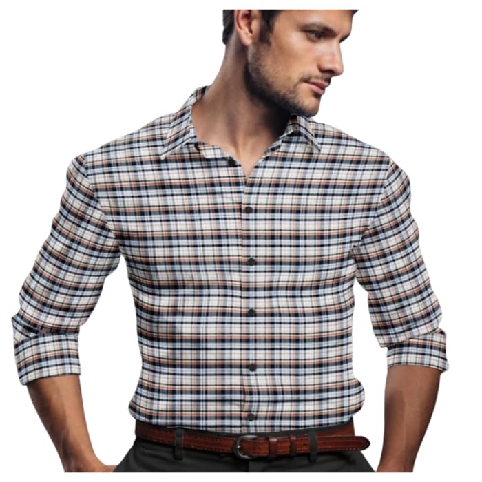 Cotton Unstitched Shirt Fabric for Men, Navy and Brown Classic Plaid Checked Pattern -1.60m-image-32