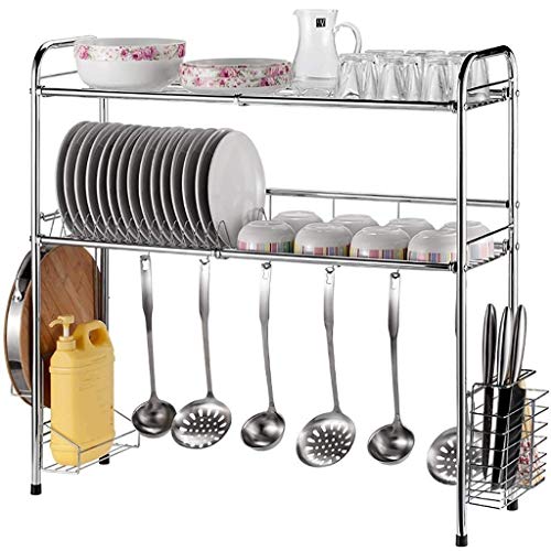 Estante de cocina de acero inoxidable – Escurridor de platos de doble capa, soporte para utensilios y cubertería, diseño moderno para ahorrar espacio eficiente en la cocina