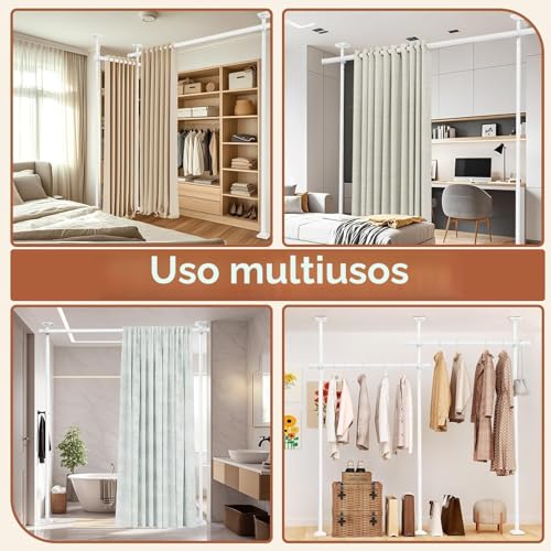 Miniatura 7 de Weldun Biombo De Separación De Espacios, Barra De Cortina Independiente, Biombo Sin Cortina, Para Salón, Dormitorio U Oficina, 227-312 Cm Alto , 71-178 Cm Ancho X Ancho , Color Blanco