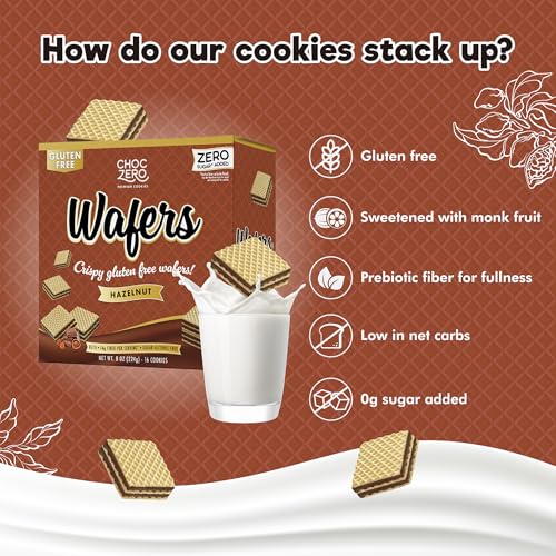Image of ChocZero Sugar Free Hazelnut Wafer Cookies, No Sugar Alcohols, Keto, Gluten Free, High Fiber, 16 Count, 8 oz Box